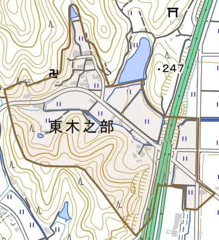 東木之部とその周辺の地図。町の範囲を重ねている