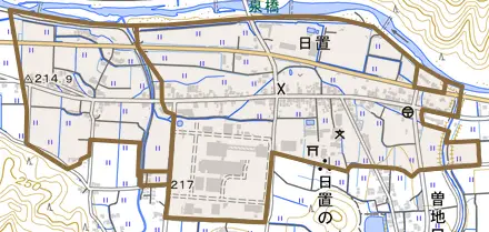 日置とその周辺の地図。町の範囲を重ねている