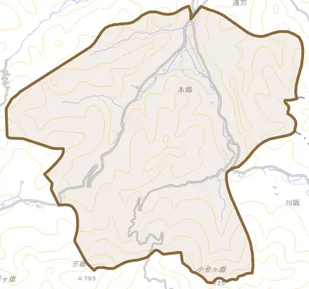 本郷とその周辺の地図。町の範囲を重ねている