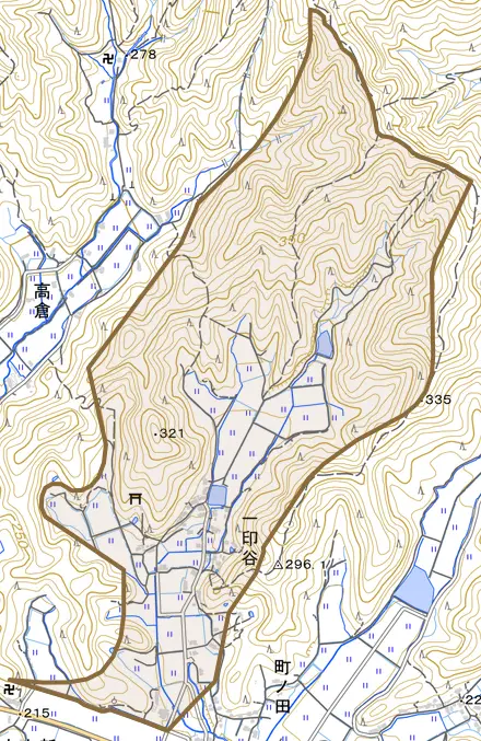 一印谷とその周辺の地図。町の範囲を重ねている