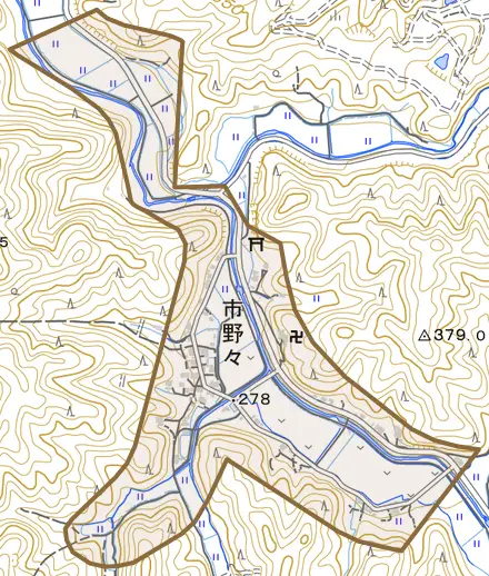 市野々とその周辺の地図。町の範囲を重ねている