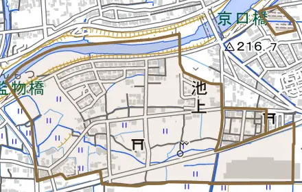 池上とその周辺の地図。町の範囲を重ねている