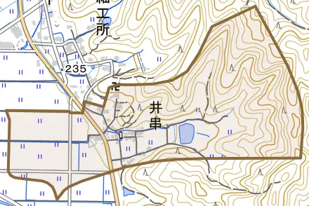 井串とその周辺の地図。町の範囲を重ねている