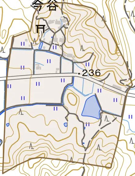 今谷とその周辺の地図。町の範囲を重ねている