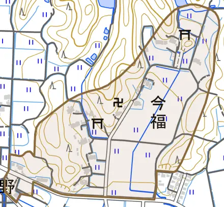 今福とその周辺の地図。町の範囲を重ねている