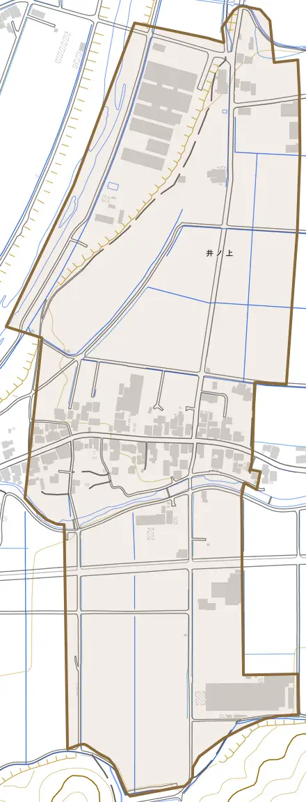 井ノ上とその周辺の地図。町の範囲を重ねている