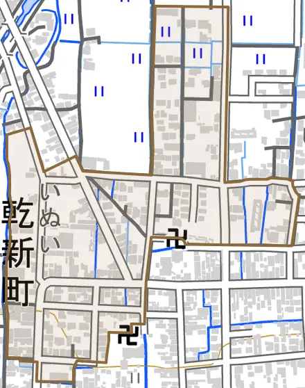 乾新町とその周辺の地図。町の範囲を重ねている