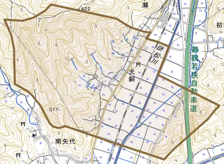 犬飼とその周辺の地図。町の範囲を重ねている