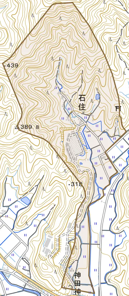 石住とその周辺の地図。町の範囲を重ねている