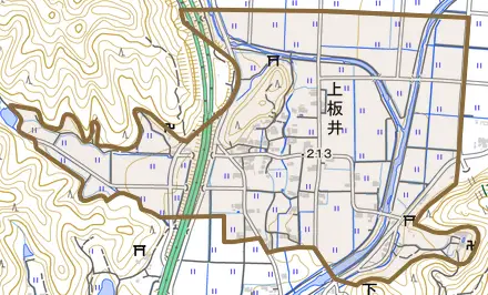 上板井とその周辺の地図。町の範囲を重ねている