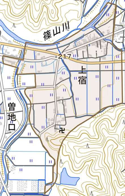 上宿とその周辺の地図。町の範囲を重ねている