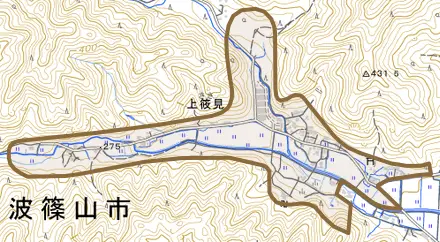 上筱見とその周辺の地図。町の範囲を重ねている