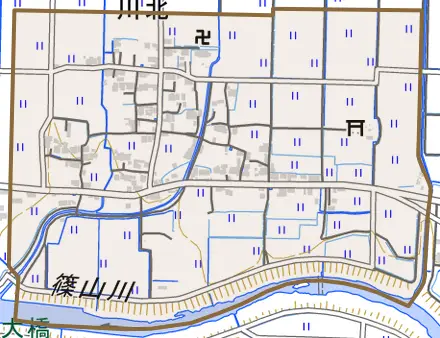 川北とその周辺の地図。町の範囲を重ねている