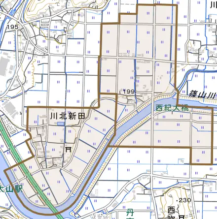 川北新田とその周辺の地図。町の範囲を重ねている