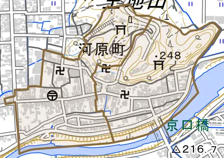 河原町とその周辺の地図。町の範囲を重ねている