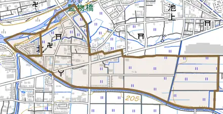 北とその周辺の地図。町の範囲を重ねている