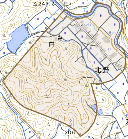 北野とその周辺の地図。町の範囲を重ねている