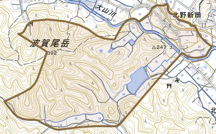 北野新田とその周辺の地図。町の範囲を重ねている