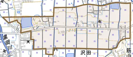 北沢田とその周辺の地図。町の範囲を重ねている