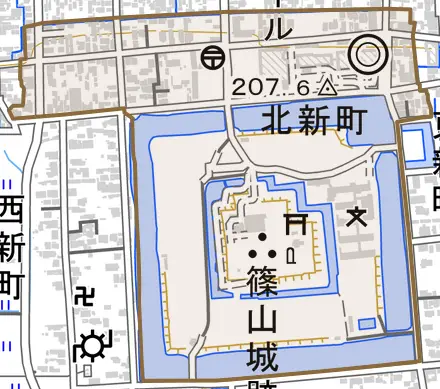北新町とその周辺の地図。町の範囲を重ねている