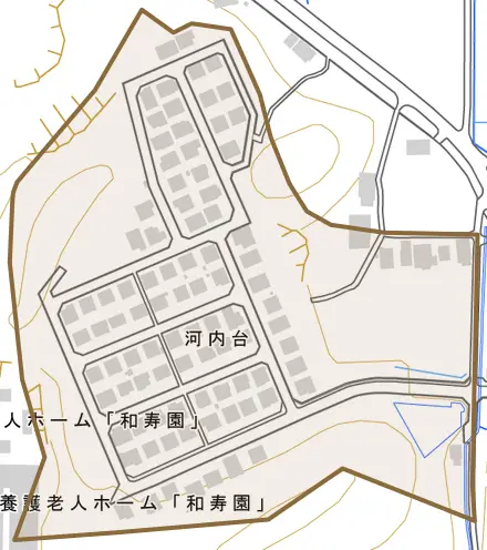 河内台とその周辺の地図。町の範囲を重ねている