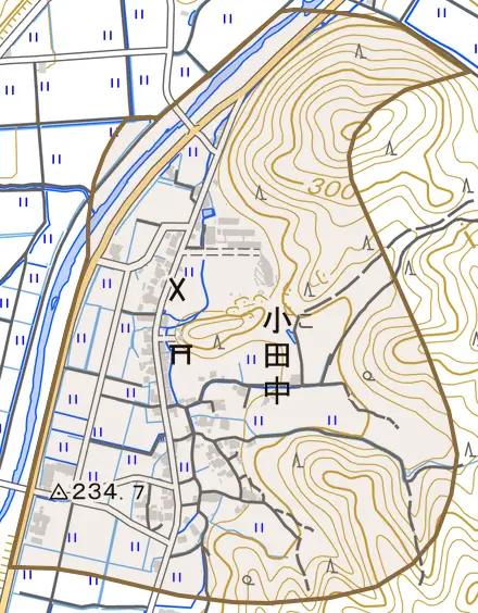 小田中とその周辺の地図。町の範囲を重ねている