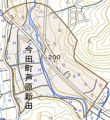 今田町芦原新田とその周辺の地図。町の範囲を重ねている