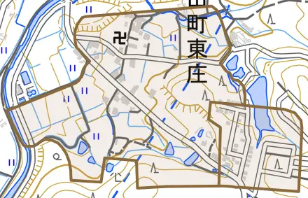 今田町東庄とその周辺の地図。町の範囲を重ねている
