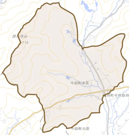 今田町本荘とその周辺の地図。町の範囲を重ねている