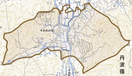 今田町市原とその周辺の地図。町の範囲を重ねている
