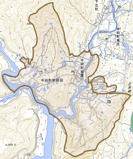 今田町釜屋とその周辺の地図。町の範囲を重ねている