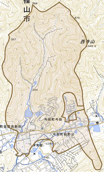 今田町今田とその周辺の地図。町の範囲を重ねている