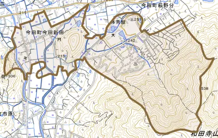 今田町今田新田とその周辺の地図。町の範囲を重ねている