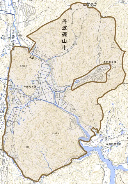 今田町木津とその周辺の地図。町の範囲を重ねている