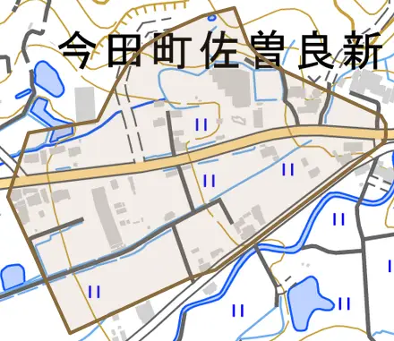 今田町佐曽良新田とその周辺の地図。町の範囲を重ねている