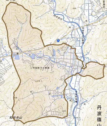 今田町下小野原とその周辺の地図。町の範囲を重ねている