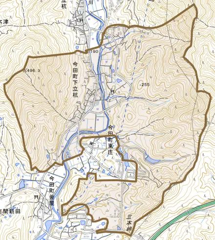 今田町下立杭とその周辺の地図。町の範囲を重ねている