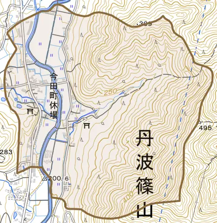 今田町休場とその周辺の地図。町の範囲を重ねている