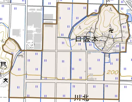 口阪本とその周辺の地図。町の範囲を重ねている