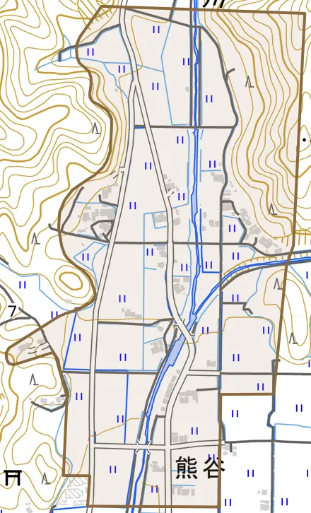 熊谷とその周辺の地図。町の範囲を重ねている