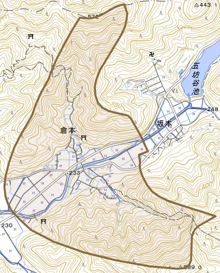 倉本とその周辺の地図。町の範囲を重ねている