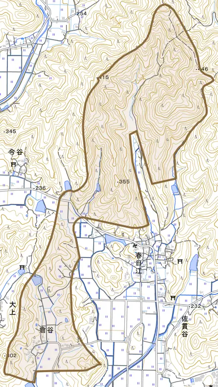 倉谷とその周辺の地図。町の範囲を重ねている
