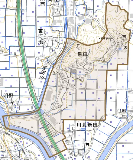 黒田とその周辺の地図。町の範囲を重ねている