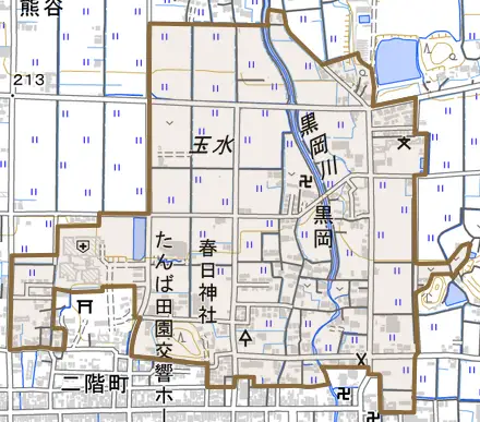 黒岡とその周辺の地図。町の範囲を重ねている
