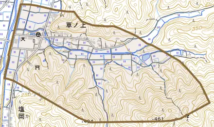 草ノ上とその周辺の地図。町の範囲を重ねている