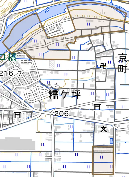 京町とその周辺の地図。町の範囲を重ねている