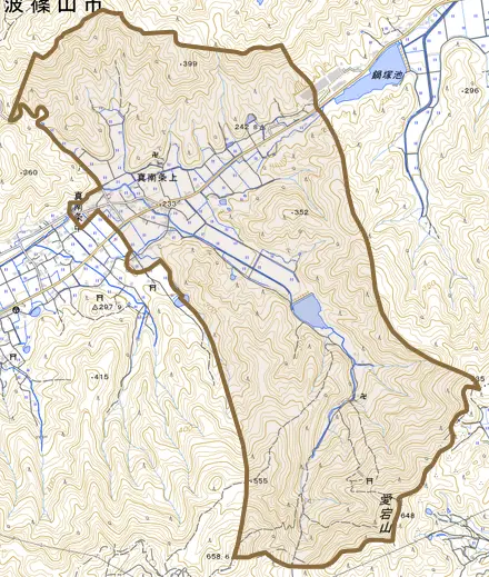 真南条上とその周辺の地図。町の範囲を重ねている