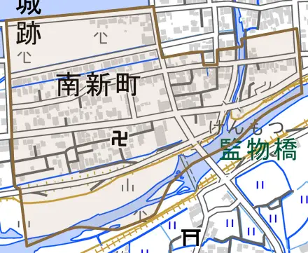 南新町とその周辺の地図。町の範囲を重ねている