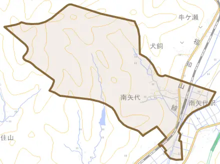 南矢代とその周辺の地図。町の範囲を重ねている