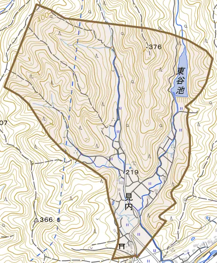 見内とその周辺の地図。町の範囲を重ねている
